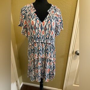 Anthropologie Robin Blue and Coral Ikat Tiered V‑Neck Mini Dress